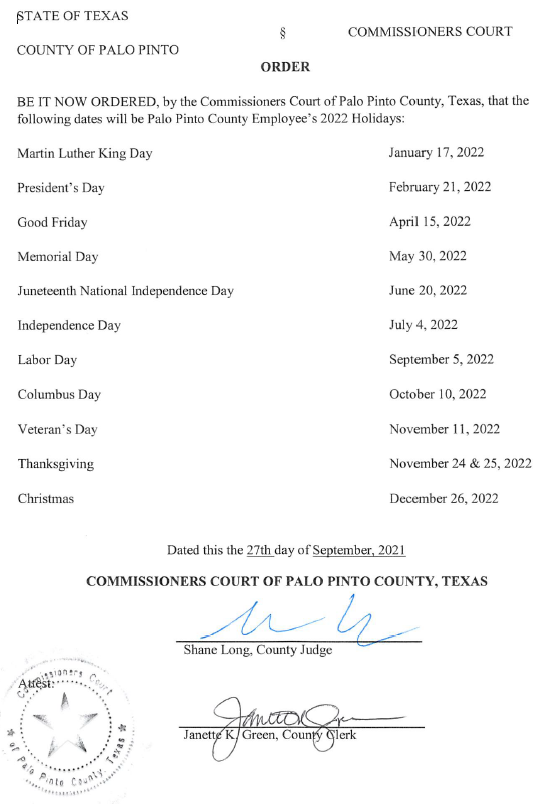 Holiday Listing For Palo Pinto County Palo Pinto County Sheriffs Department 0175